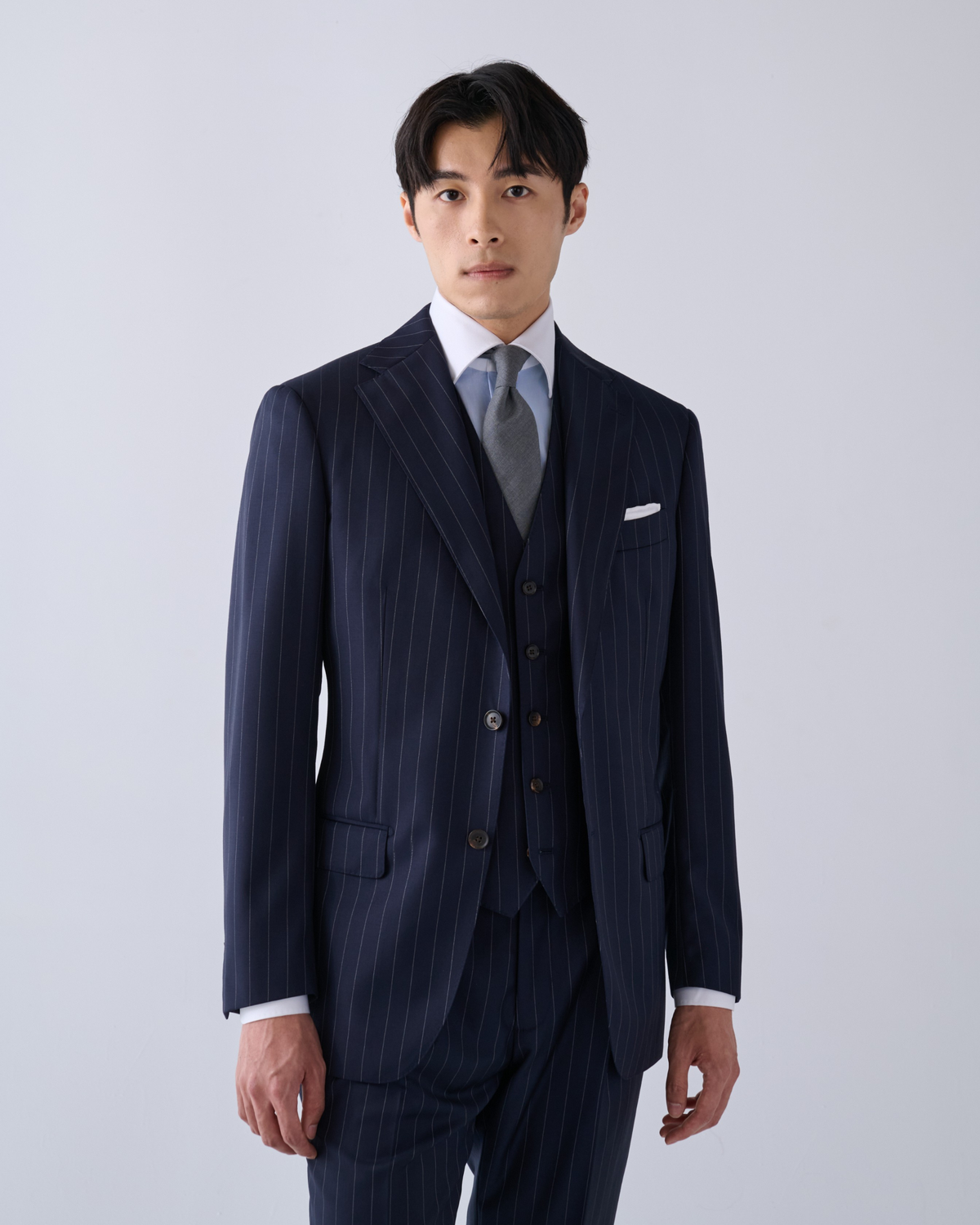 義大利 VBC 藍色直條紋 訂製三件套西裝
