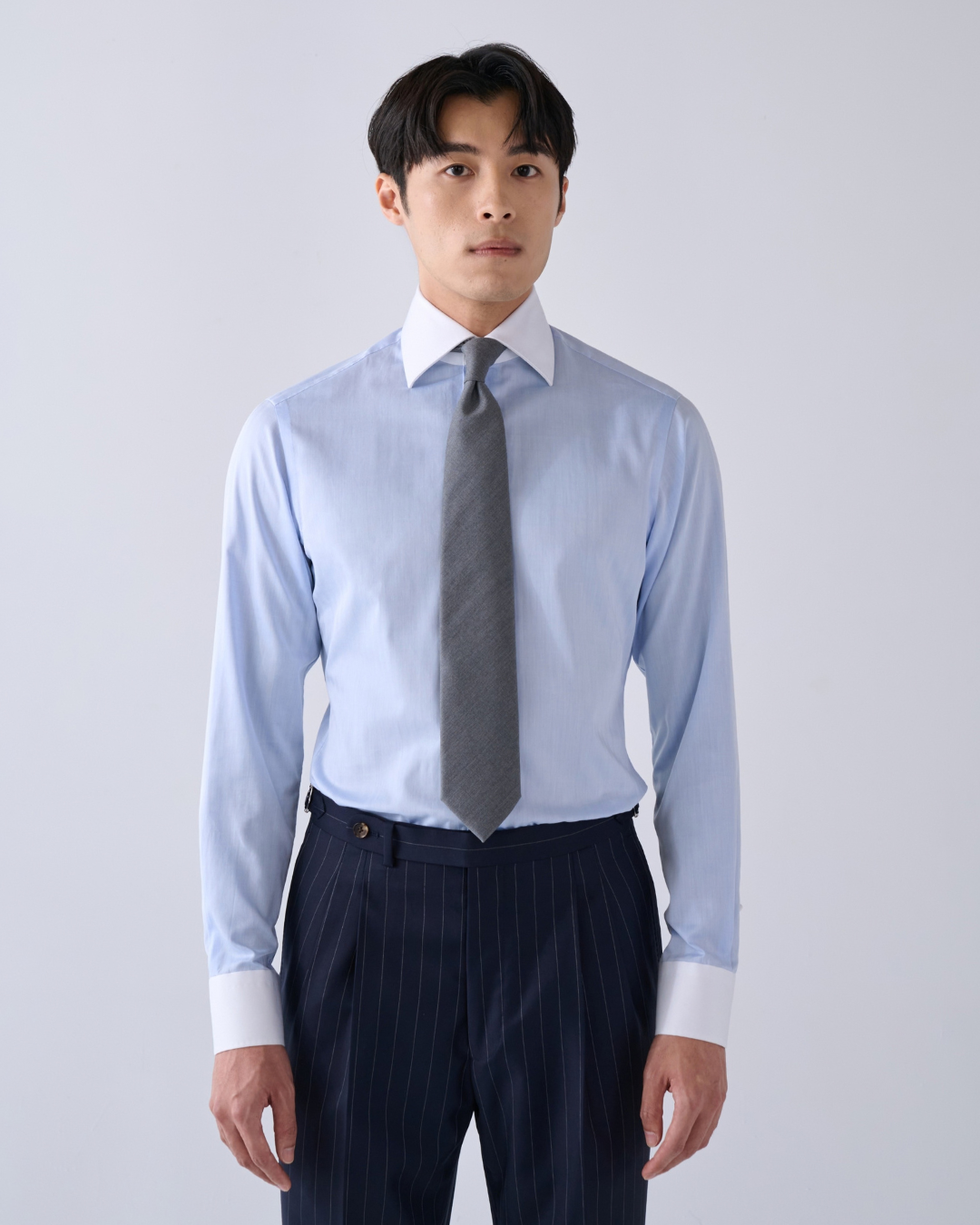 【Sample Sale】義大利 Canclini 藍色人字紋 手工襯衫 Size:38